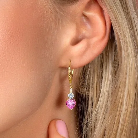 18K Yellow Gold with 3.09 Cttw Pink Mystic Topaz and Moissanite Heart Earrings